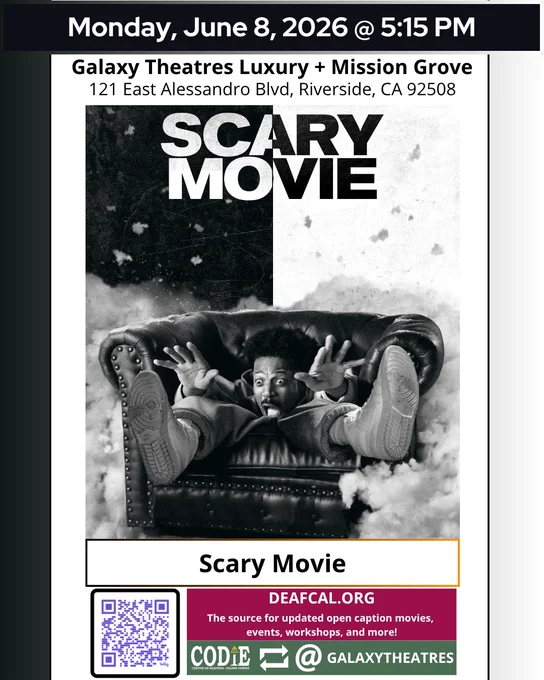 [Post Description:
“Galaxy Theatres Luxury   Mission Grove”
“Monday, June 8, 2026, at 5:15 pm”
Galaxy Theatres Luxury   Mission Grove
121 E. Alessandro Blvd,
Riverside, CA 92508
Second Column:
Movie poster of Scary Movie
CODIE logo with a golden rain cross and arrow above the “i”
End of description]