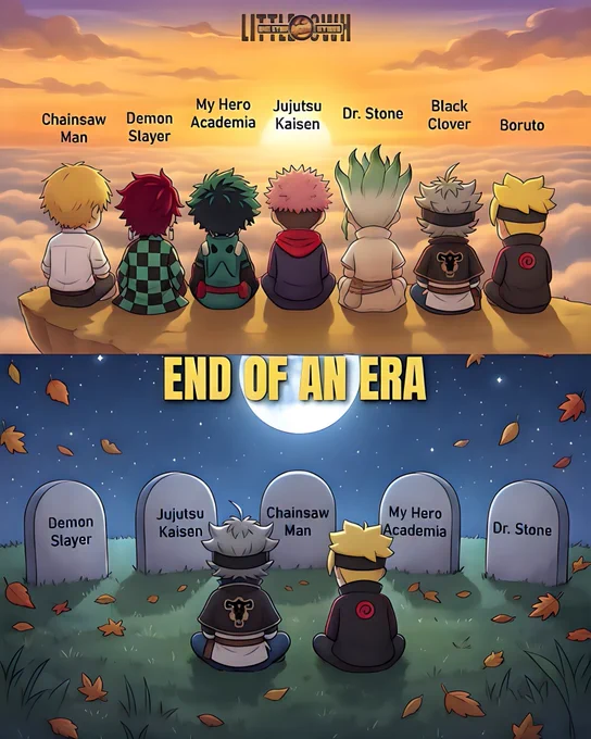 A emotional two-panel anime meme illustration in chibi style, vertical split layout.Top panel: Seven chibi anime protagonists sitting side by side on the edge of a cliff at golden hour sunset, viewed from behind. They are watching a beautiful orange and purple sunset over the clouds. From left to right: Denji (Chainsaw Man) with blond hair and white shirt, Tanjiro (Demon Slayer) with red hair and checkered haori, Deku (My Hero Academia) with green hair, Yuji Itadori (Jujutsu Kaisen) with pink hair and red hoodie, Senku (Dr. Stone) with green and white hair, Asta (Black Clover) with gray hair and black bull cloak, Boruto Uzumaki with blond hair and black jacket. Each character is clearly labeled above them with their anime name.Bottom panel: Night scene with starry sky and full moon. Two chibi characters (Asta and Boruto) sitting on grass from behind, looking at five gravestones labeled: "Demon Slayer", "Jujutsu Kaisen", "Chainsaw Man", "My Hero Academia", "Dr. Stone". Falling autumn le