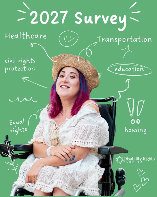 Green graphic with a smiling wheelchair user wearing a straw hat and white dress. Large white text at the top reads “2027 Survey.” Handwritten-style words and doodles point to survey topics: healthcare, transportation, civil rights protection, education, equal rights, and housing. The Disability Rights Florida logo appears near the bottom right.