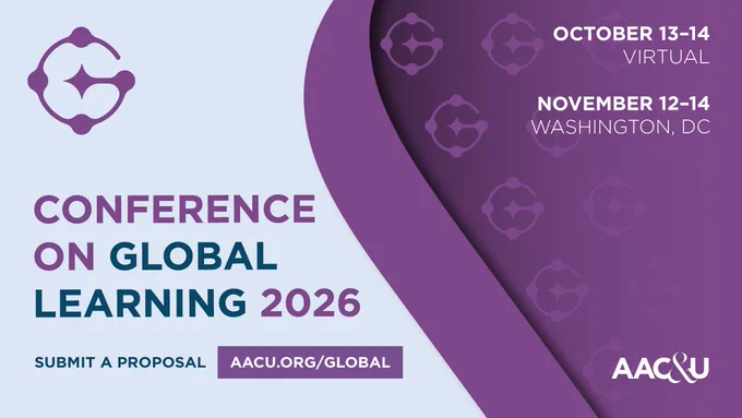 The image is an announcement for the "Conference on Global Learning 2026" by AAC&U. It shows event dates: October 13-14 (Virtual) and November 12-14 (Washington, DC). The AAC&U logo is in the bottom right corner. A purple and blue color scheme is used. There is a call to action: "Submit a Proposal" with a link to aacu.org/global.
