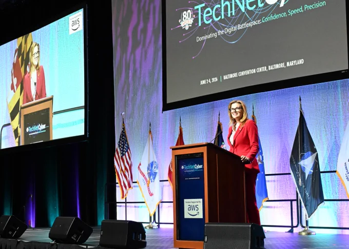 Honorable Kirsten Davies, DoW CIO, speaking to an audience of more than 2000 at TechNet Cyber this morning