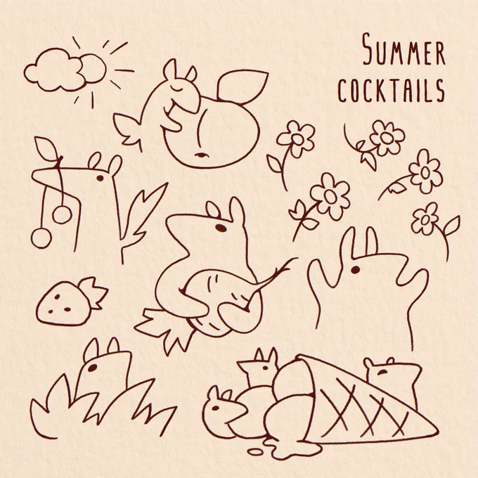 Minimalist line art featuring cute, simple animal critters, flowers, and summer fruits. In the top right, stylized text reads "SUMMER COCKTAILS". The playful drawings show critters hugging fruit, peeking from bushes, and tumbling out of a waffle ice cream cone.
