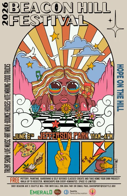 Colorful 2026 Beacon Hill Festival poster with psychedelic sun rays, clouds, flowers, and event details at Jefferson Park on June 6th.