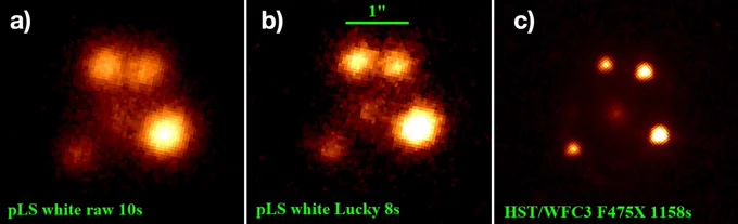 proto-Lightspeed (left and middle) and HST (right) images of the quadruply-lensed quasar DES J0420-4037 and its lensing galaxy.  From Layden etal (2026).