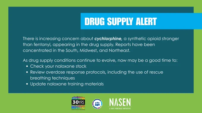 Teal box is framed by neon green background. Over blue text box/banner toward top right, all caps white font reads, "DRUG SUPPLY ALERT". Smaller white font in teal box reads, "There is increasing concern about cychlorphine, a synthetic opioid stronger than fentanyl, appearing in the drug supply. Reports have been concentrated in the South, Midwest, and Northeast. As drug supply conditions continue to evolve, now may be a good time to: Check your naloxone stock | Review overdose response protocols, including the use of rescue breathing techniques | Update naloxone training materials". NHRC, NSSSP, and NASEN logos at bottom center.