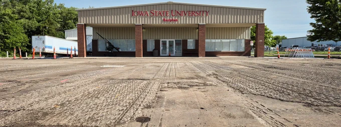 Front view of the Surplus Facility with the top layer of the parking lot removed during construction.