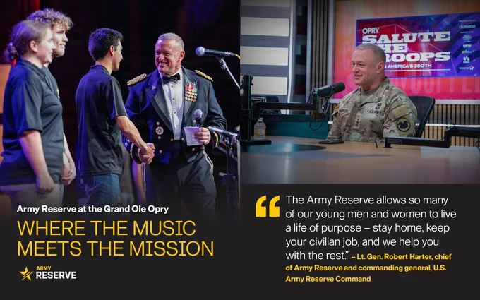 Lt. Gen. Robert Harter, chief of Army Reserve and commanding general, U.S. Army Reserve Command, had the opportunity to take part in the Grand Ole Opry\u2019s Salute to Service in Nashville, Tennessee.\n\n\u27A1\uFE0Fhttp://spr.ly/6007B8bkll