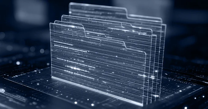 Glowing virtual file folders layered with binary code on a dark tech background.