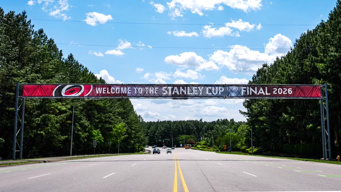 Photo of the banner over Edwards Mill Rd that says "Welcome to the Stanley Cup Final 2026" 