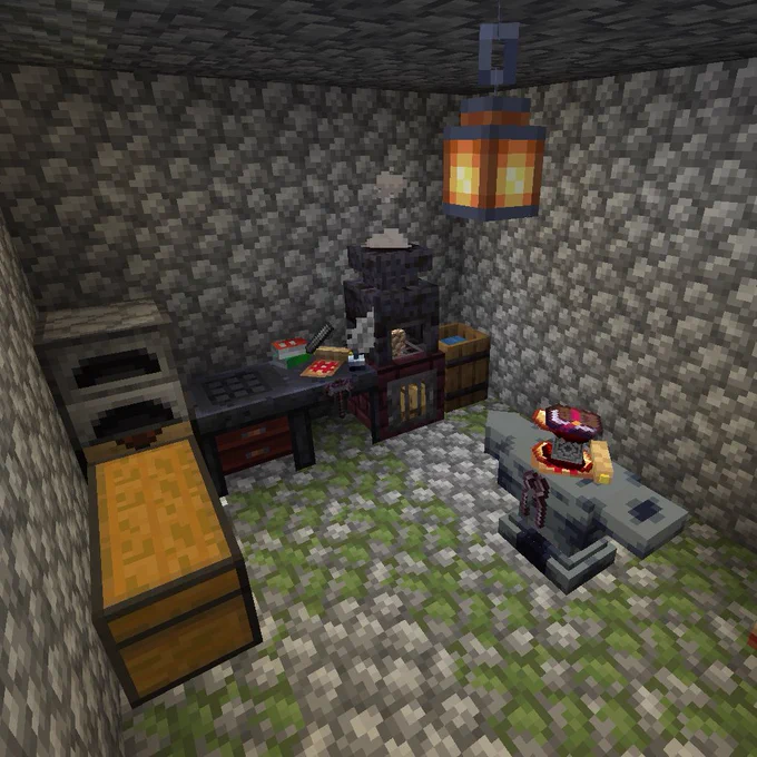 A Minecraft scene of a small armory built in a cobblestone room