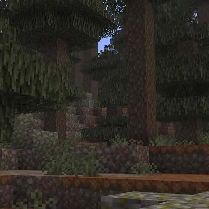 A scene of a Minecraft Taiga Biome.
