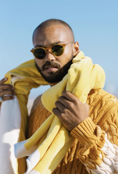 Model wearing Garrett Leight sunglasses