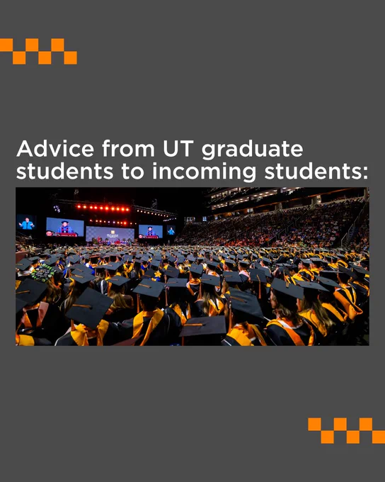 Graduation ceremony at the UT auditorium showing a large crowd of graduates in caps and gowns. Text on the image says, "Advice from UT graduate students to incoming students."
