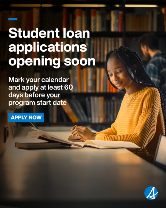 [Image shows a student smiling and working in a dim lit library. Text reads, Student loan applications opening soon, mark your calendar and apply at least 60 days before your program start date, the Alberta logo is in the bottom right corner.]