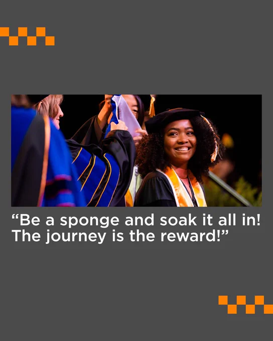 A person in graduation attire stands smiling, receiving a diploma on stage. They wear a cap and tassel, surrounded by faculty in academic gowns. The text reads, “Be a sponge and soak it all in! The journey is the reward!” Orange geometric shapes decorate the corners.