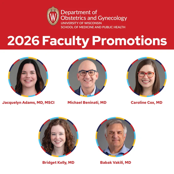 Graphic with banner that reads "2026 Faculty Promotions" and includes portraits and names of five UW Department of Ob-Gyn faculty who were promoted in the 2025-26 academic year.
