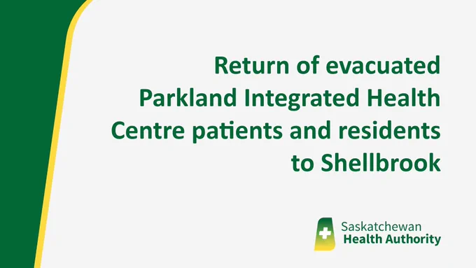 Graphic with text: Return of evacuated Parkland Integrated Health Centre patients and residents to Shellbrook