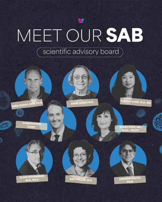 The image features a graphical layout titled "Meet Our SAB: Scientific Advisory Board" with photos of eight individuals arranged in two rows. Each photo is set against a blue circular background with the names and titles of the individuals: Greg Barsh, Ph.D., Anne Lucky, M.D., Suephy Chen, M.D., M.S., Christopher Sloey, Alain Hovanian, M.D., Ph.D., Amy Paller, M.D., Elena Pope, M.D., M.Sc., FRCPC, and Andrew South, Ph.D. The design includes decorative scientific motifs.