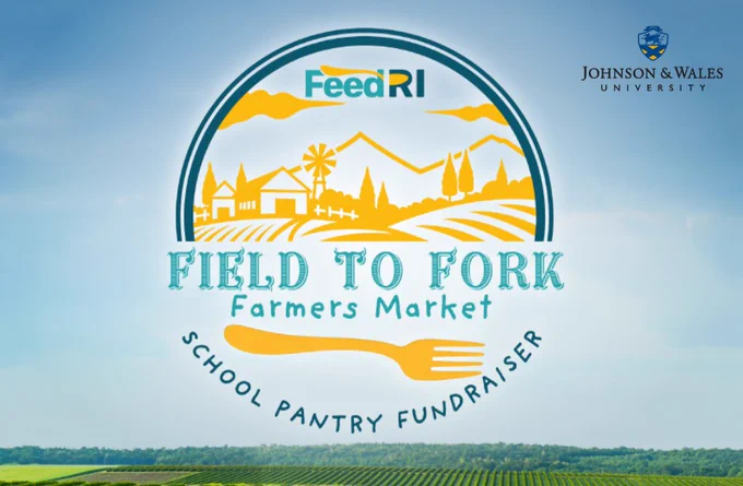 The image displays a logo for a "Field to Fork Farmers Market" with a subtitle "School Pantry Fundraiser," presented by Feed RI. It incorporates a rural landscape with fields, barns, and a windmill, alongside a large fork. The Johnson & Wales University logo is in the top right corner.