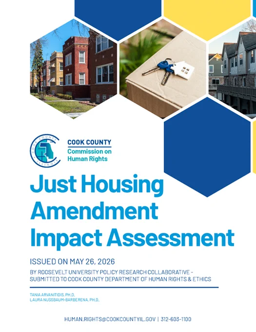 Report cover of the JHA Impact Assessment. Three hexagons include images of housing in Chicago.