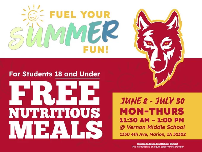 For Students 18 and Under, Free Meals, June 8-July 30, Monday -Thursday, 11:30 AM to 1:00 PM at Vernon Middle School