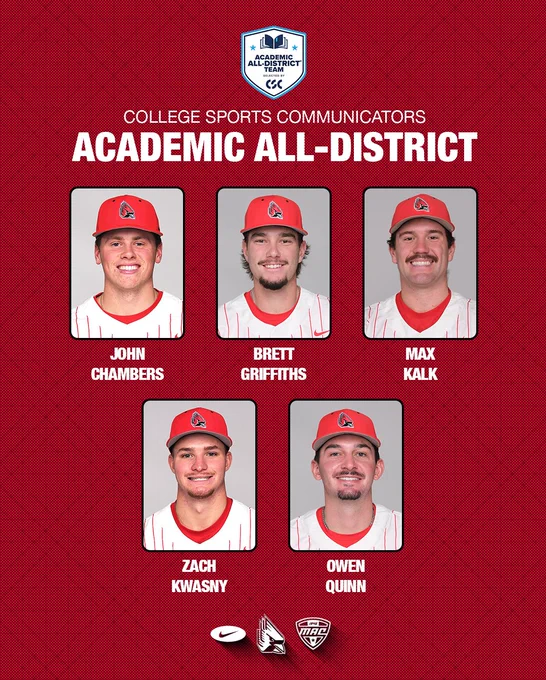 Awards graphic featuring headshots of John Chamebrs, Brett Griffiths, Max Kalk, Zach Kwasny and Owen Quinn in red Ball State baseball hats and white jerseys
Text:
College Sports Communicators
Academic All-District
John Chambers
Brett Griffiths
Max Kalk
Zach Kwasny
Owen Quinn