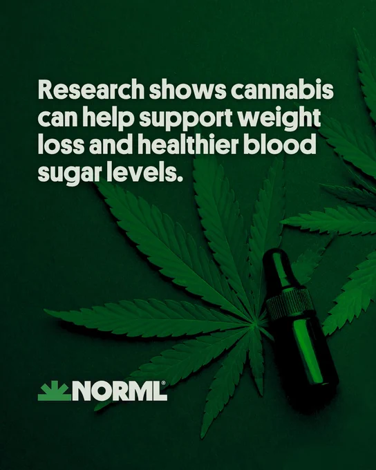 Headline reads, "Research shows cannabis can help support weight loss and healthier blood sugar levels." Background shows two large cannabis leaves and  a small tincture bottle.