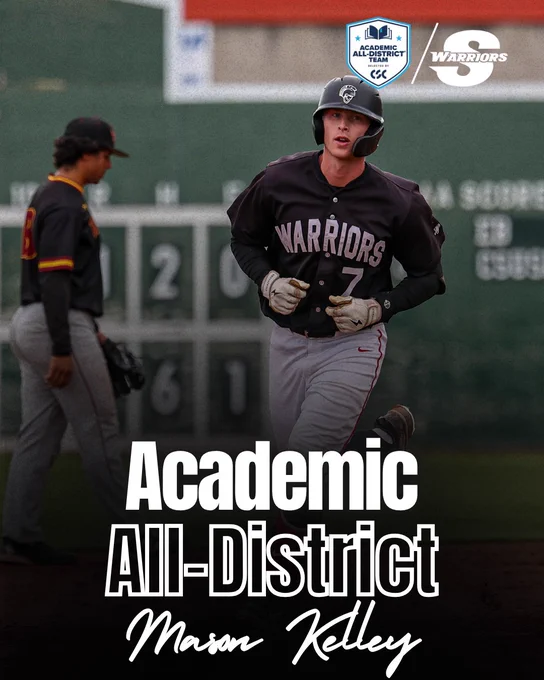 Mason Kelley smiles in a black Stan State Baseball uniform while holding a glove. Graphic text reads “Academic All-District” with the College Sports Communicators Academic All-District logo.