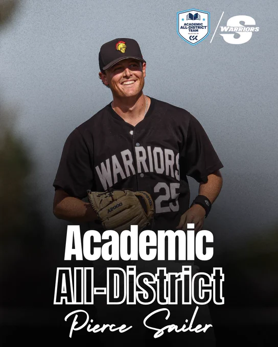 Pierce Sailer stands in a black Stan State Baseball uniform holding a glove. Graphic text reads “Academic All-District” with the College Sports Communicators Academic All-District logo.