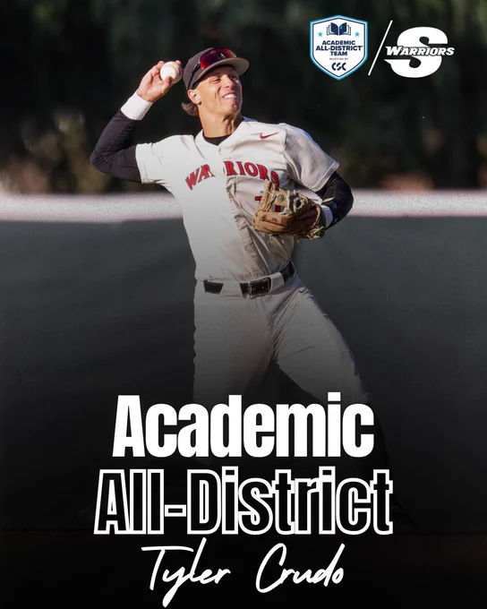 Tyler Crudo prepares to throw while wearing a white Stan State Baseball uniform. Graphic text reads “Academic All-District” with the College Sports Communicators Academic All-District logo.
