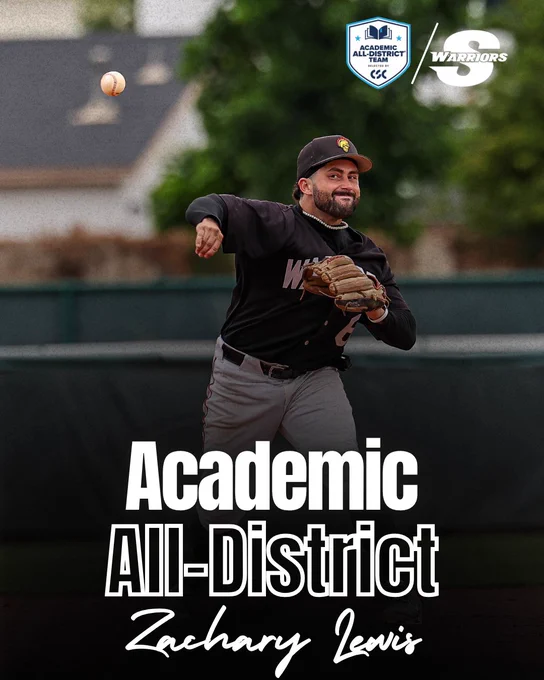 Zach Lewis throws a baseball while wearing a black Stan State Baseball uniform. Graphic text reads “Academic All-District” with the College Sports Communicators Academic All-District logo.