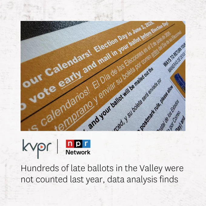 A close-up of an election-related pamphlet displays voting information in both English and Spanish. The pamphlet emphasizes the importance of early voting by mail. Logos for Kypr and NPR Network are visible below the image, along with a text caption discussing late ballots not being counted in the Valley last year.