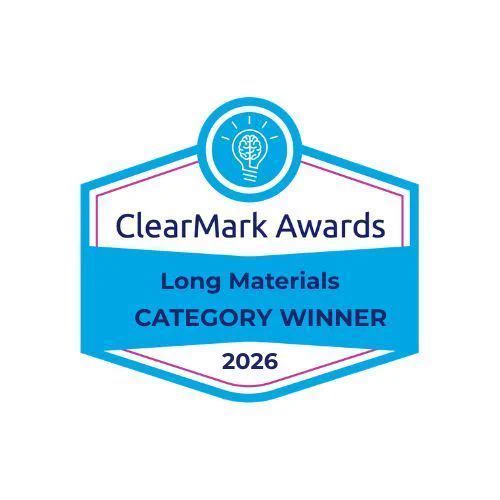 ClearMark Award winner badge featuring the ClearMark Awards logo and text: ClearMark Awards, Long Materials Category Winner 2026