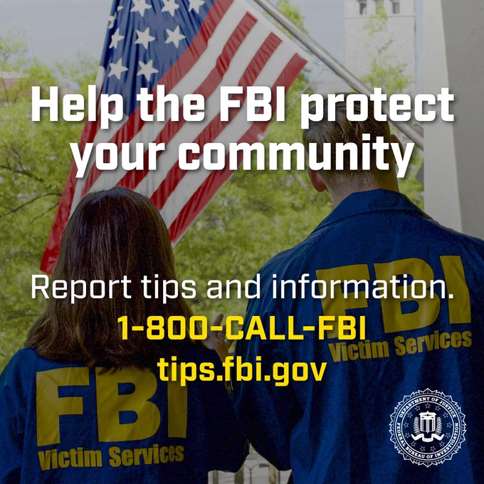 Two FBI Victim Services agents stand under an American flag with text urging community protection by reporting tips to 1-800-CALL-FBI and tips.fbi.gov.