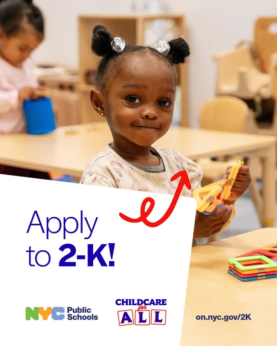 A child smiles brightly while playing with magnetic shapes. Text reads, "Apply to 2-K! on.nyc.gov/2K." N Y C Public Schools logo. Childcare for All logo. 