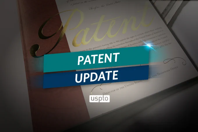A document partially covered by a blue and teal banner displaying the text "PATENT UPDATE." The USPTO logo is visible at the bottom.