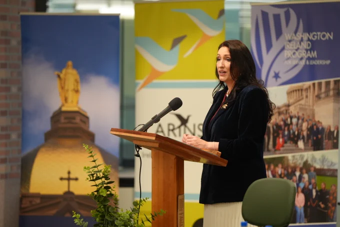 Deputy First Minister of Northern Ireland Emma Little-Pengelly speaks at the University of Notre Dame's Washington Office on March 16, 2026, for an event featuring the Washington Ireland Program's new class and the authors of "For and Against a United Ireland."