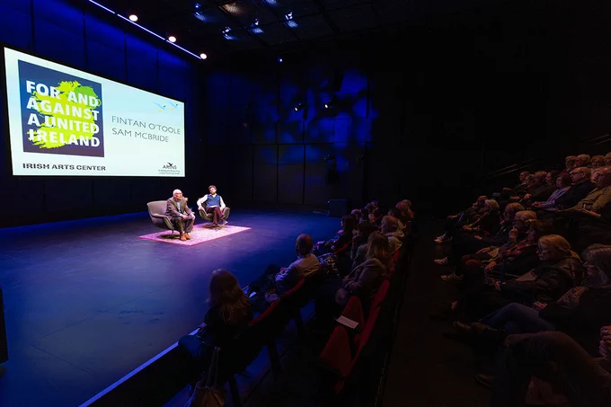 Fintan O'Toole, left, and Sam McBride at the Irish Arts Center in New York on March 14, 2026.