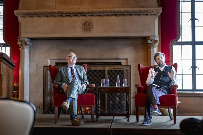 Fintan O'Toole, left, and Sam McBride at The Chicago Club on March 12, 2026.