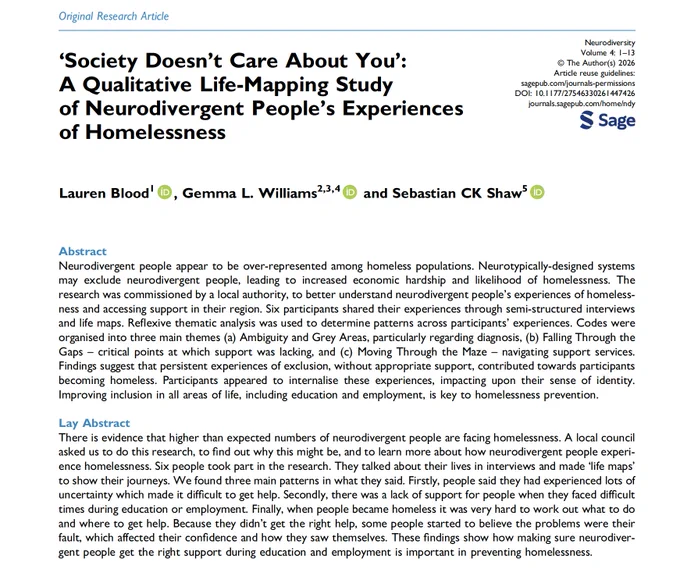 A screenshot of the top of the article, showing the title (“society doesn’t care about you”: a qualitative life-mapping study of neurodivergent people’s experiences of homelessness), authors, and abstract
