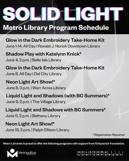 Metro Library's June schedule for SOLID LIGHT programs featuring glow-in-the-dark embroidery kits, neon light art shows and shadow play events across multiple locations.