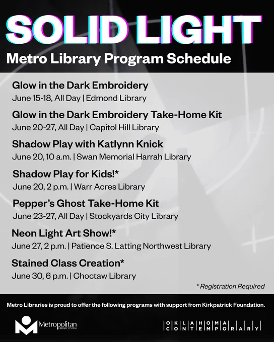 Metro Library's June schedule for SOLID LIGHT programs featuring glow-in-the-dark embroidery kits, neon light art shows and shadow play events across multiple locations.