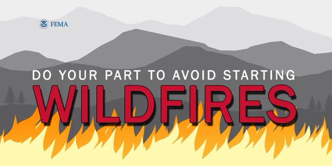 FEMA wildfire prevention poster urging people to do their part to avoid starting wildfires with flames and mountain silhouettes.