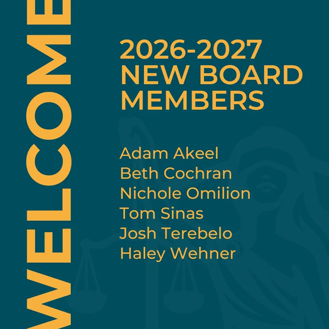 Welcome sign for new board members for 2026-2027. Names listed: Adam Akeel, Beth Cochran, Nichole Omilion, Tom Sinas, Josh Terebelo, Haley Wehner.