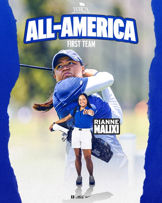 Graphic highlighting Rianne Malixi for her WGCA First Team All-America honors. Features action shot and posed shot with golf bag. 