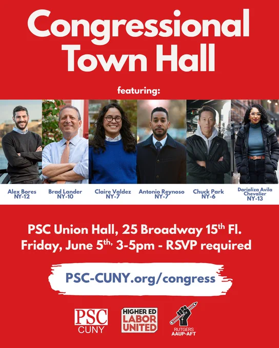 Congressional Town Hall featuring Alex Bores, Brad Lander, Claire Valdez, Antonio Reynoso, Chuck Park, and Darializa Avila Chevalier. At the PSC Union Hall in NYC. 