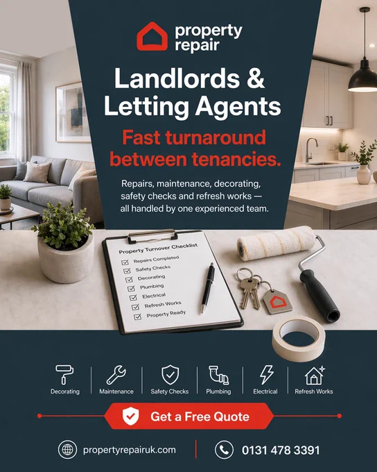 🏠 Between one tenant leaving and the next moving in, there is often a very small window to get everything ready.

Decorating.
Repairs.
Plumbing.
Electrical.
Safety checks.
General maintenance.

Managing multiple contractors can quickly become time-consuming and expensive.

At Property Repair, we provide a single point of contact for landlords, letting agents and property managers, helping turn properties around quickly and efficiently between tenancies.

✔ Decorating & Refresh Works
✔ Property Repairs
✔ Plumbing & Electrical
✔ Safety Checks
✔ Maintenance Services
✔ End of Tenancy Works

Whether it’s a minor refresh or a full property turnaround, our experienced team can help get your property ready for its next occupant.

📍 Morningside, Edinburgh, EH10 
📞 0131 478 3391
🌐 propertyrepairuk.com

#PropertyRepair #Landlords #LettingAgents #PropertyManagement #PropertyMaintenance EdinburghProperty RentalProperty PropertyInvestment VoidPeriods TenancyTurnaround