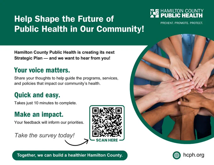 Hands joined in a circle with a message encouraging Hamilton County residents to participate in the Strategic Plan survey.