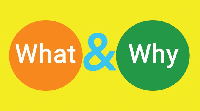 Inside an orange circle is the word "What." To its right is a green circle with the word "Why" inside it. A blue ampersand is between the circles, all on a field of bright yellow.