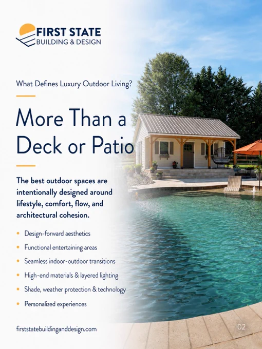 Promotional image highlighting luxury outdoor living spaces with a focus on design, comfort, and functionality. Includes a pool and outdoor structure.